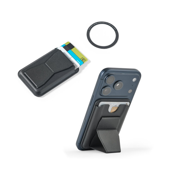 CONNOR. Magnetische kaarthouder van PU-leer, eenvoudig te bevestigen aan de achterkant van uw mobiel